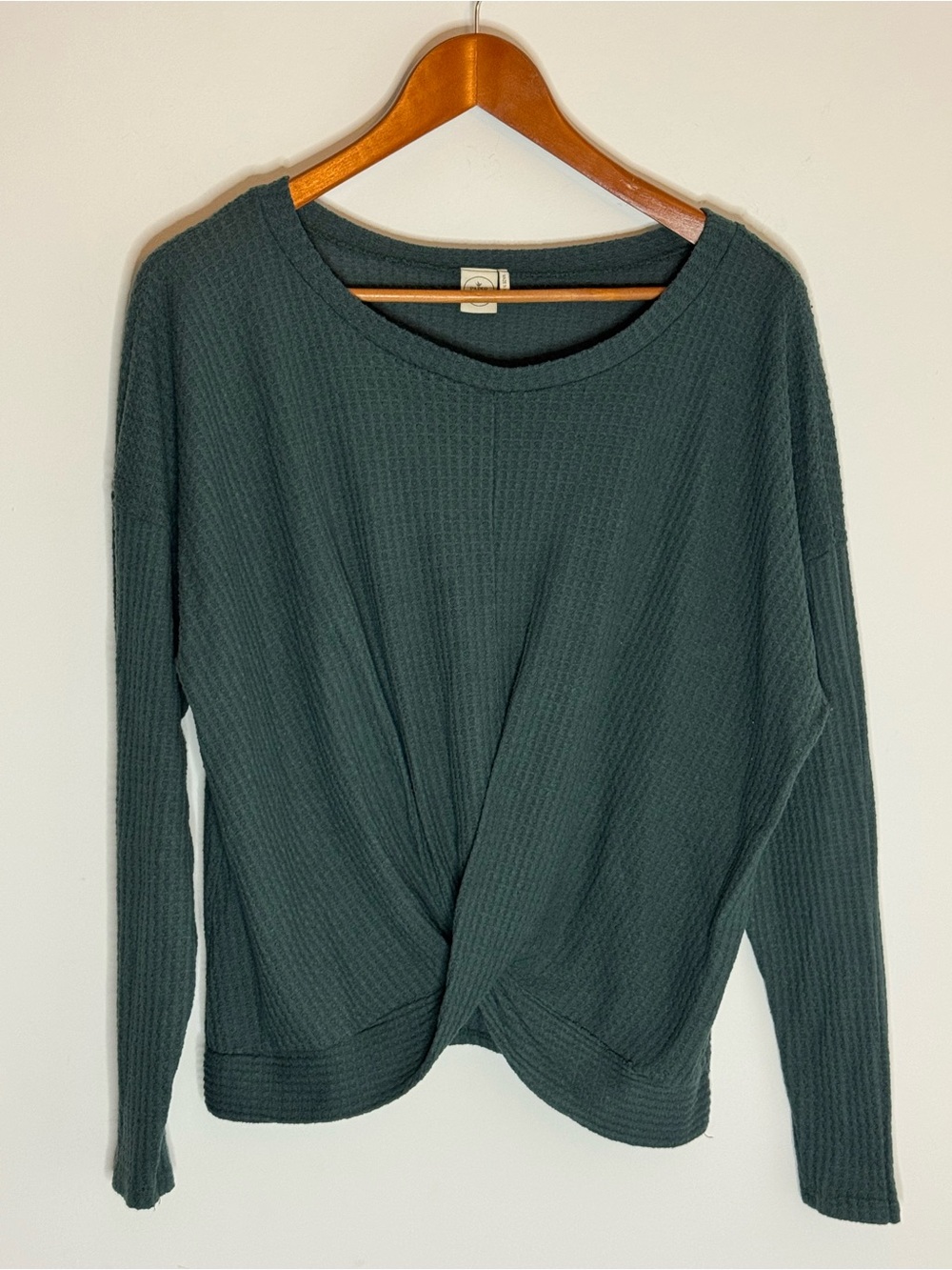 Paper Crane Dark Green Waffle Knit Front Twist Top Womens Large Long Sleeve